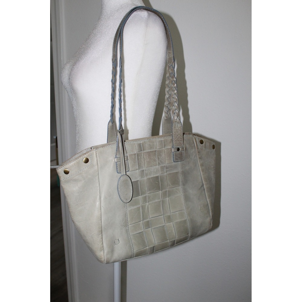 Born Gray Sage Woven Checkered Leather Tote Bag Braided Strap Shoulder Handbag